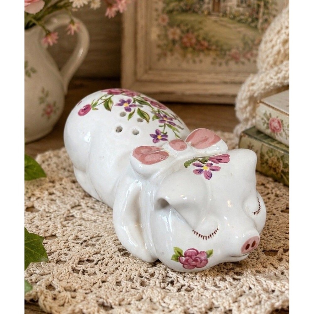 Vintage Ceramarte Brazil Sleeping Pig Floral Potpourri Holder Figurine Ceramic